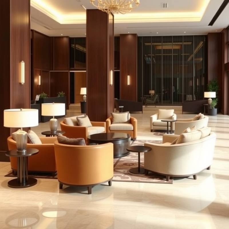 Elegant and spacious hotel lobby with comfortable seating
