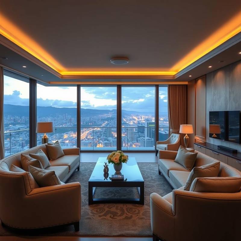 Luxurious presidential suite featuring a spacious living area, a private balcony, and panoramic city views.