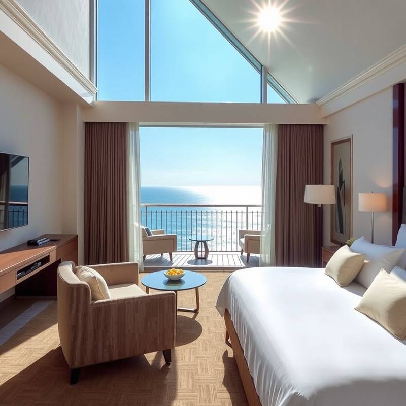 Ocean view suite with a private balcony and seating area
