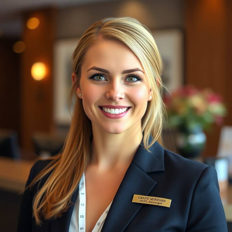 Portrait of Chloe Davis, Front Desk Manager at The Grand Meridian Hotel
